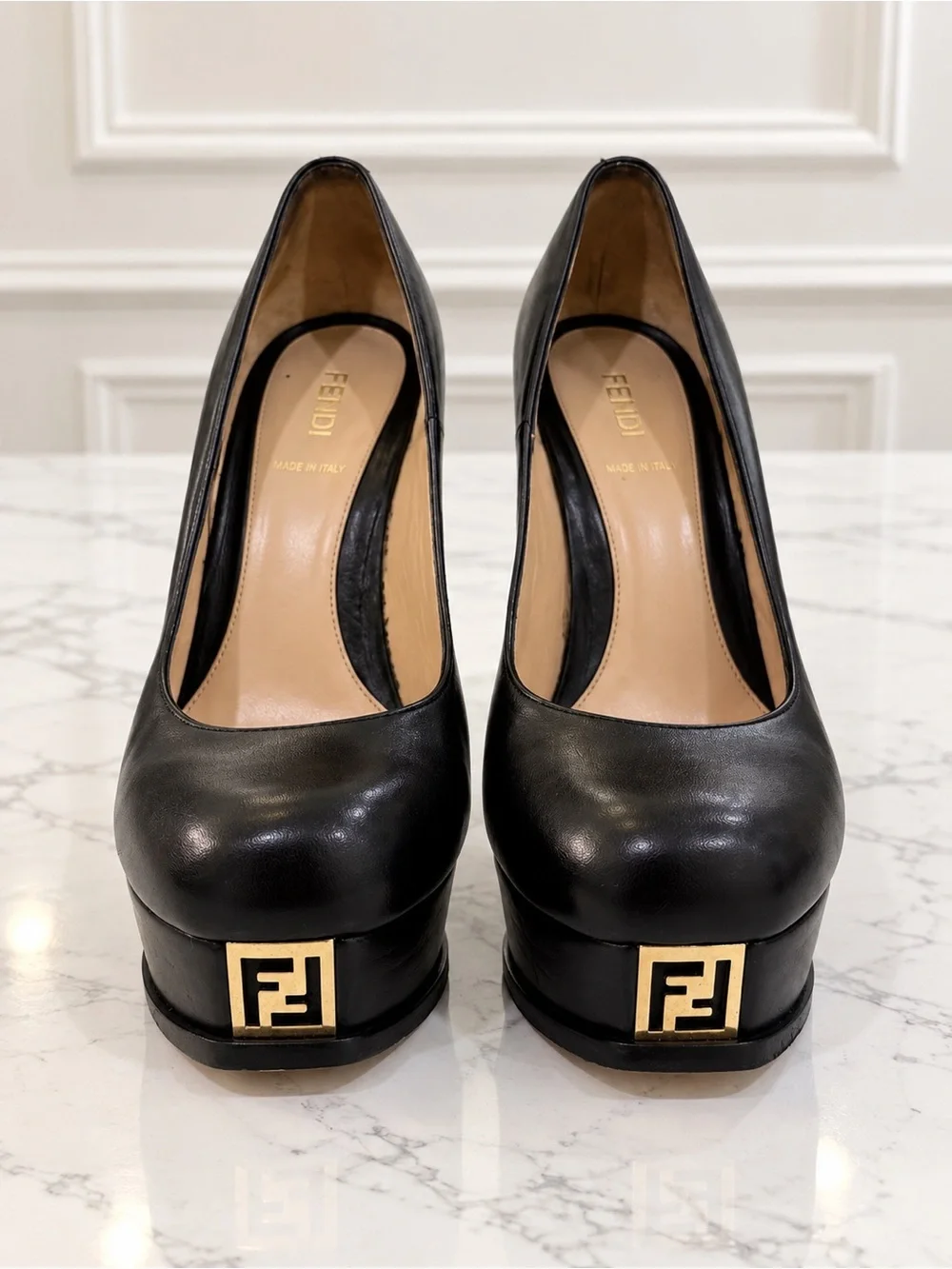 Fendi Gold FF Logo Black Leather Platform Pumps Heels – Size 37.5